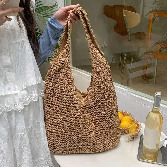 2025 New Style Woven Bag Women's Fashionable and Versatile Summer Beach Bag Large Capacity Woven Handbag Shoulder Bag Peaceful Pleasures Health and Wellness