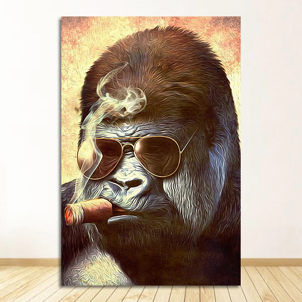 Canvas Painting Posters and Prints Street Art Animal Wall Pictures for Living Room Abstract Smoking Monkey Gorilla Peaceful Pleasures Health and Wellness 1544-02 20x30cm Unframed