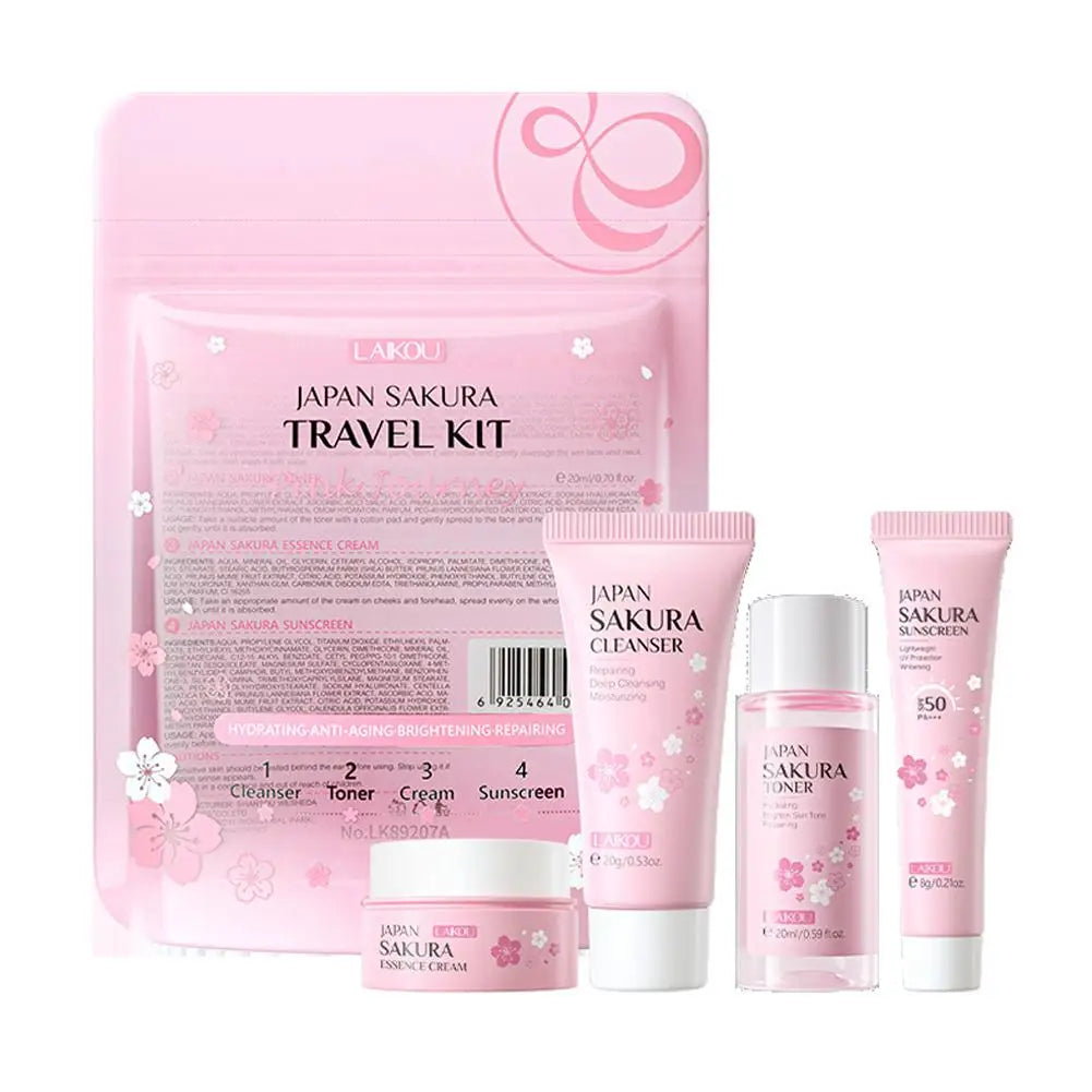LAIKOU Sakura Skin Care Set – 4-Piece Travel Kit with Cleanser, Toner, Face Cream & Sunscreen Peaceful Pleasures Health and Wellness 4PCS Set