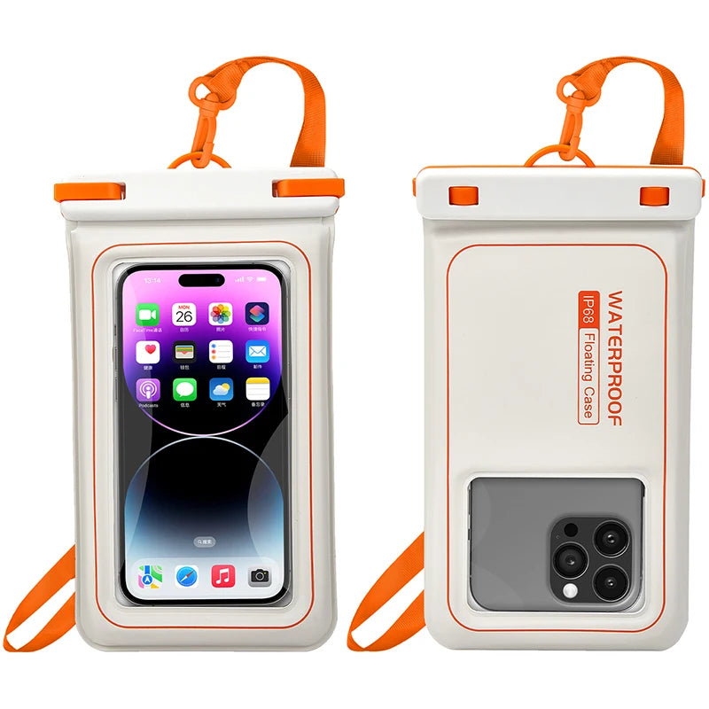 IPX8 waterproof phone pouch for swimming bag phone waterproof case mobile phone waterproof pack floating phone case under water Peaceful Pleasures Health and Wellness White and orange