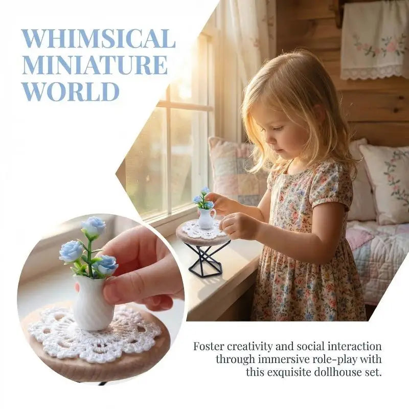 1:12 Miniature Round Coffee Table with Vase – Dollhouse Decor