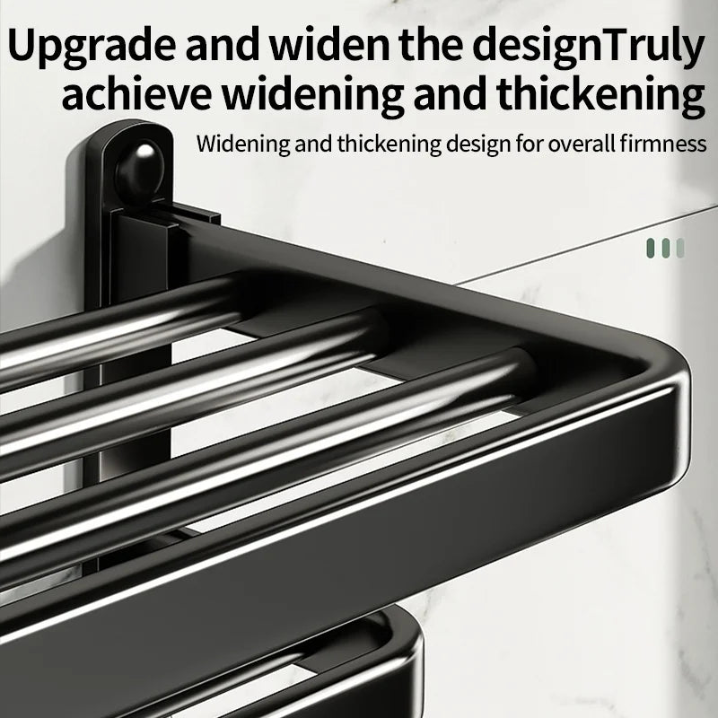 Foldable No-Drill Wall-Mounted Towel Rack – Black Metal Bar