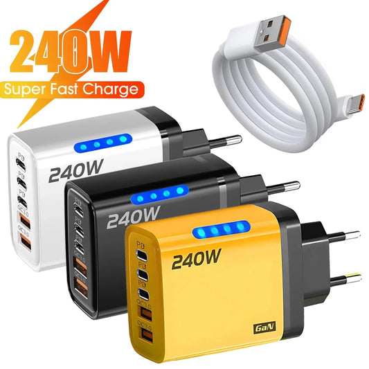 240W GaN 5-Port Fast Charger | 3 USB-C + 2 USB-A with LED GaN Multi-Port Charger Peaceful Pleasures Health and Wellness