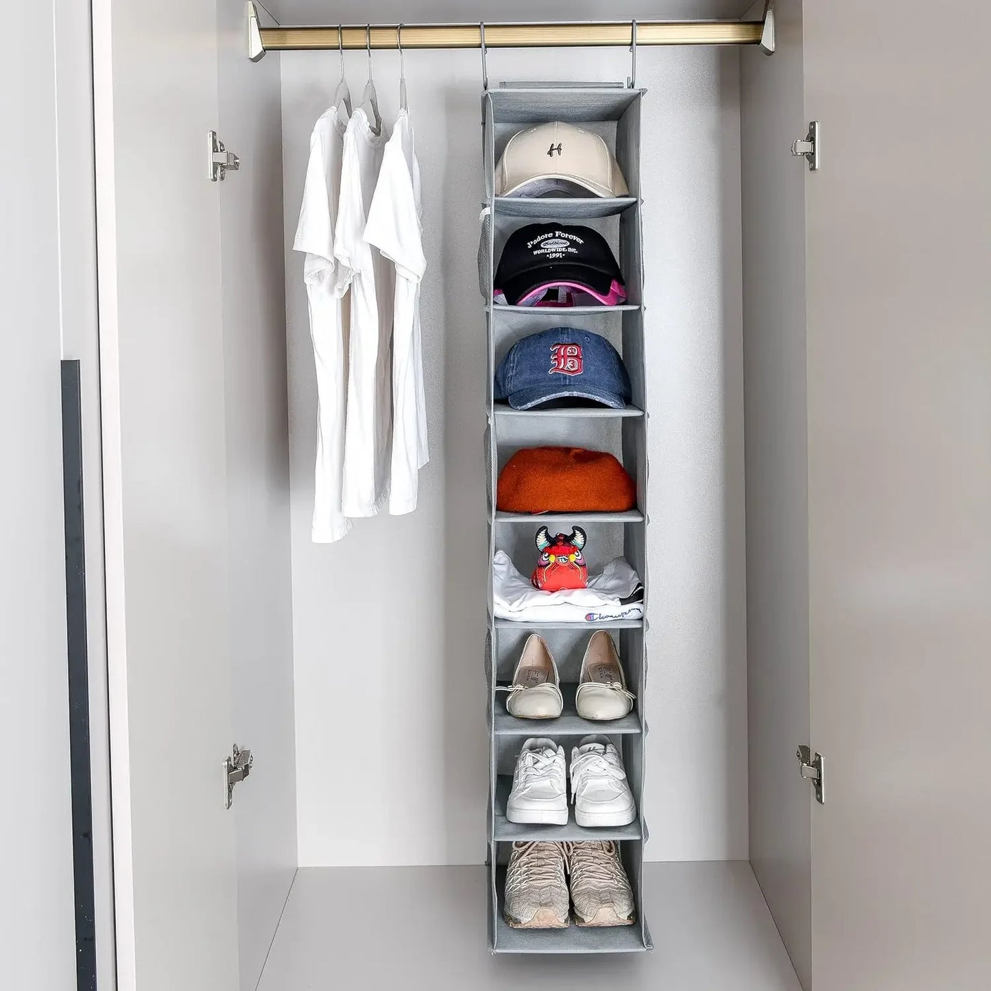 8-Shelf Gray Hanging Shoe and Hat Organizer with Mesh Pockets for Closet Storage Peaceful Pleasures Health and Wellness