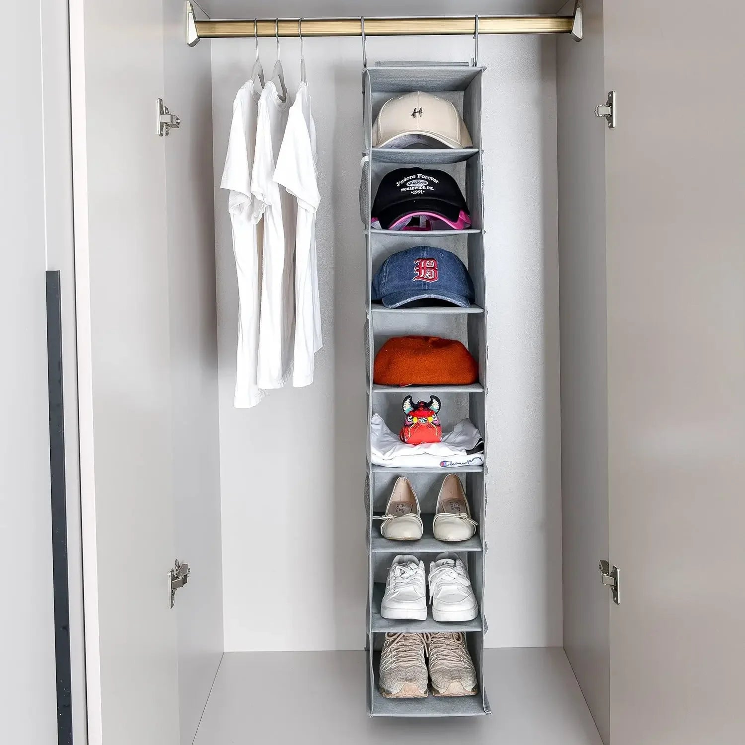 8-Shelf Gray Hanging Shoe and Hat Organizer with Mesh Pockets for Closet Storage Peaceful Pleasures Health and Wellness