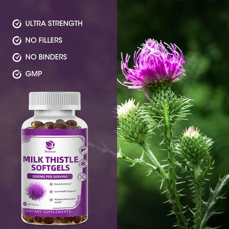Milk thistle softgels supplement bottle with milk thistle plant on a blurred green background