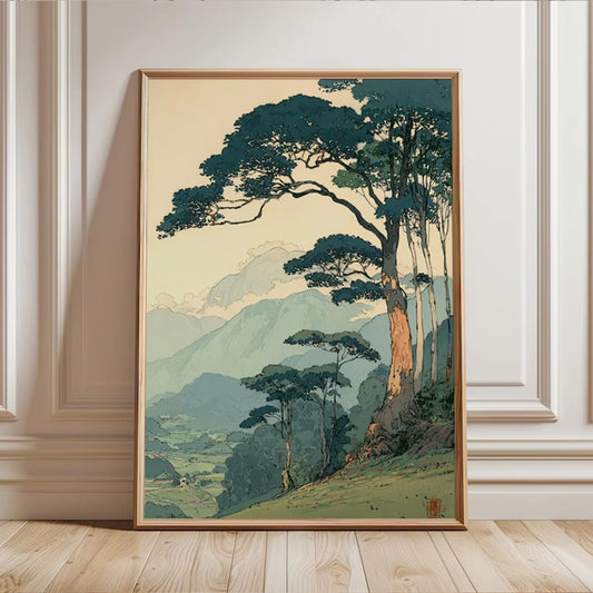 Retro Japanese Forest Mountain Canvas Wall Art Print Poster Canvas Wall Art Peaceful Pleasures Health and Wellness G5387 21x30cm Metal Framed
