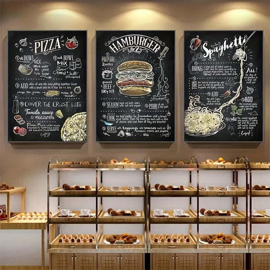 3pcs Unframed Poster, Fast Food Vintage Painting, Wall Decor Canvas Poster, Fast Food Hamburger Pizza Poster, Kitchen Decor Peaceful Pleasures Health and Wellness ZLH4729-3pcs 90x130cm No Frame