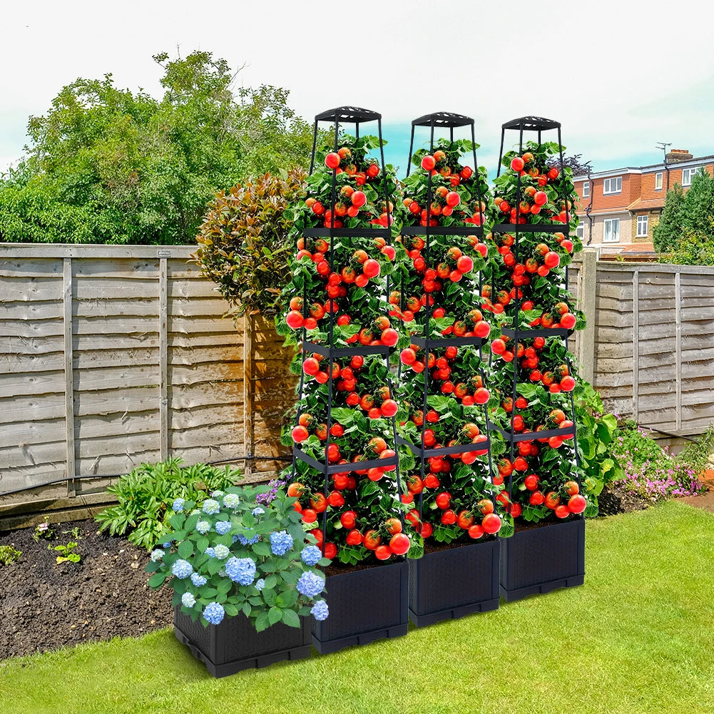 4-Tier Self-Watering Planter Tower with Trellis | Raised Garden Bed
