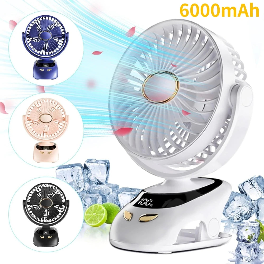Portable USB Clip-On Desk Fan | 5-Speed, LED Display, Rechargeable