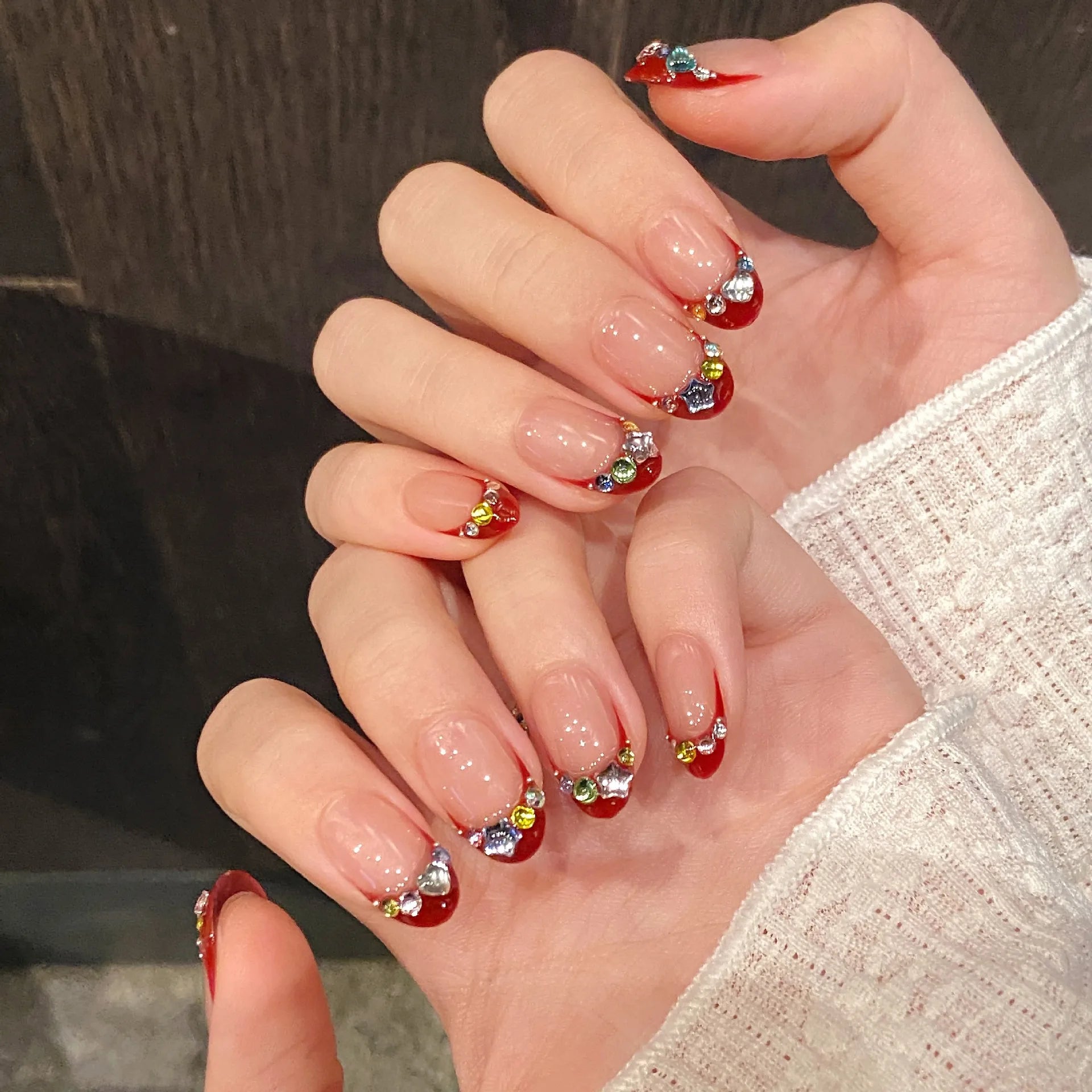 10pcs Handmade Red French Press on Nails Glitter Diamond Decor False Nails Full Cover Wearable Sweet Short Round Fake Nail Tips Peaceful Pleasures Health and Wellness