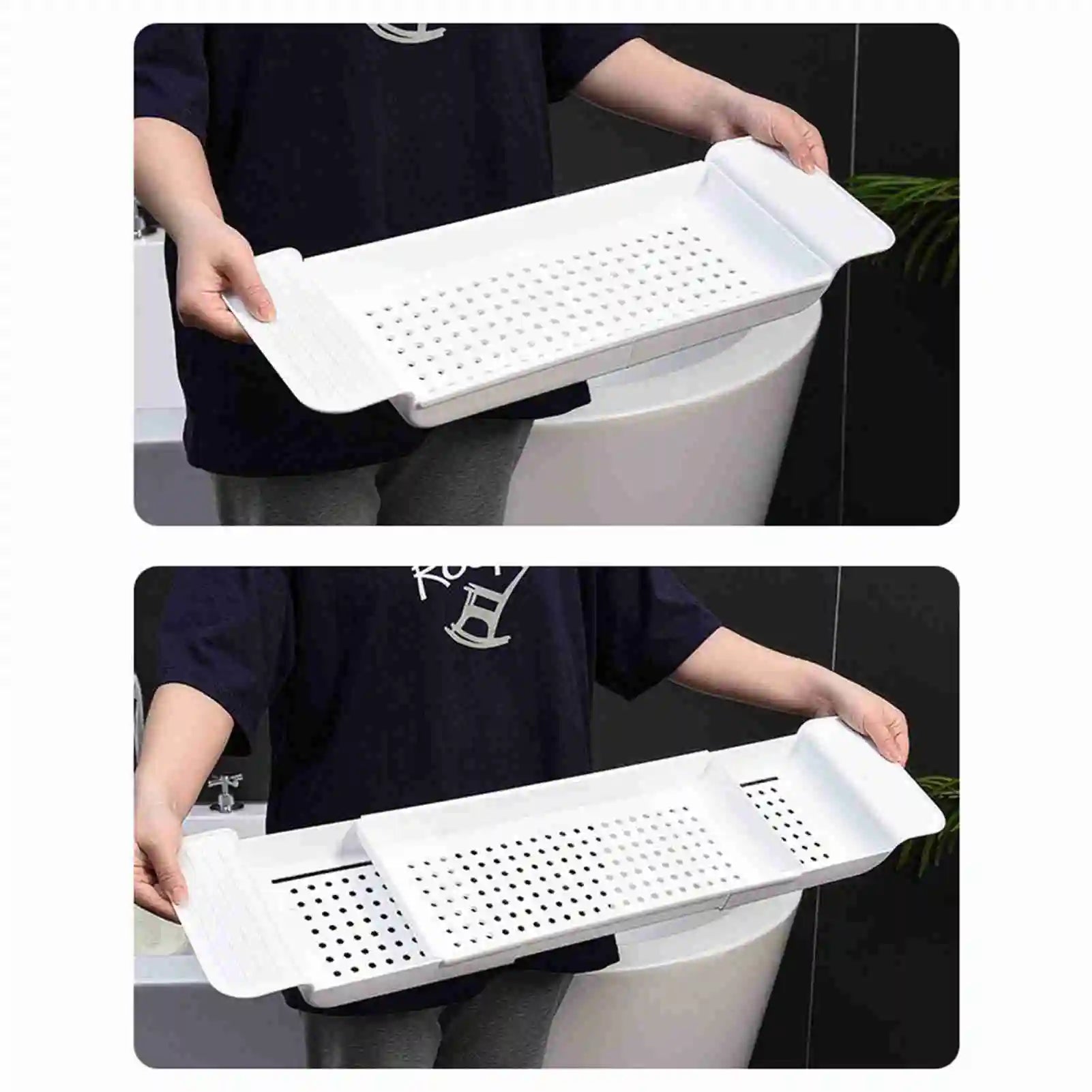 Bathtub Tray Stable Placement Expandable Plastic Material Draining Design Bath Tub Table for Bathroom Bath Tub Table Peaceful Pleasures Health and Wellness