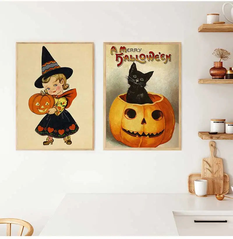 Retro Halloween Witch Pumpkin Canvas Wall Art Print | Unframed