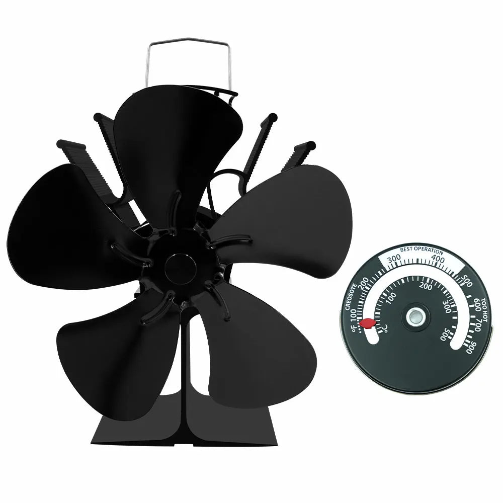 5-Blade Heat Powered Stove Fan for Wood Log Burner Fireplace Quiet Environmental Fan Heater Tool Efficient Heat Distribution Peaceful Pleasures Health and Wellness with Thermometer A