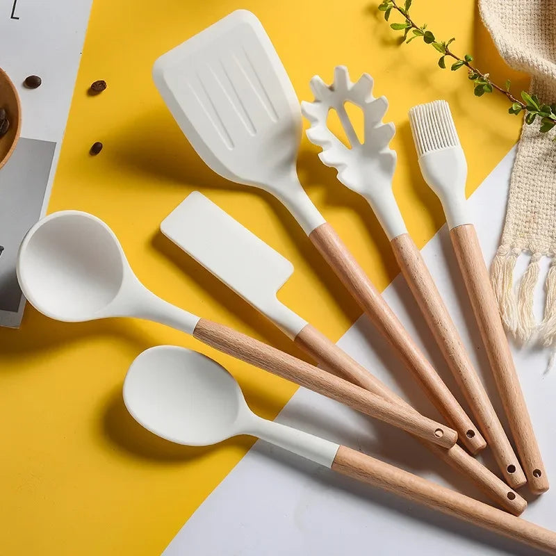 Silicone Non-Stick Cooking Utensil Set – Stainless Steel Handle Spatula, Egg Beater & Shovel Kitchen Tool Set