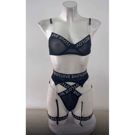 Women's 3-Piece Mesh Letter Print Lingerie Set | Underwear Lingerie Set Peaceful Pleasures Health and Wellness