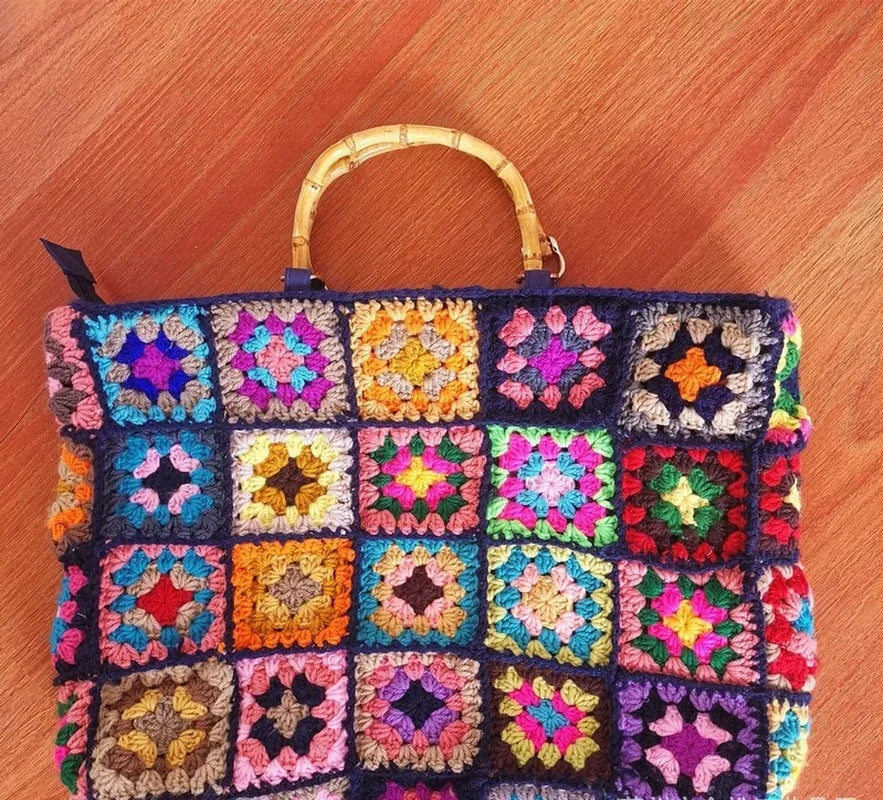 Knitting Kits Granny Square Handmade Crochet Big Bag Ethnic Style Purse Handbag With Wooden Hand-held Woven Shoulder Bag Peaceful Pleasures Health and Wellness