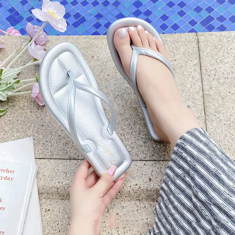 Women's Flat Flip Flops – Luxury Summer Beach Slippers Black Silver