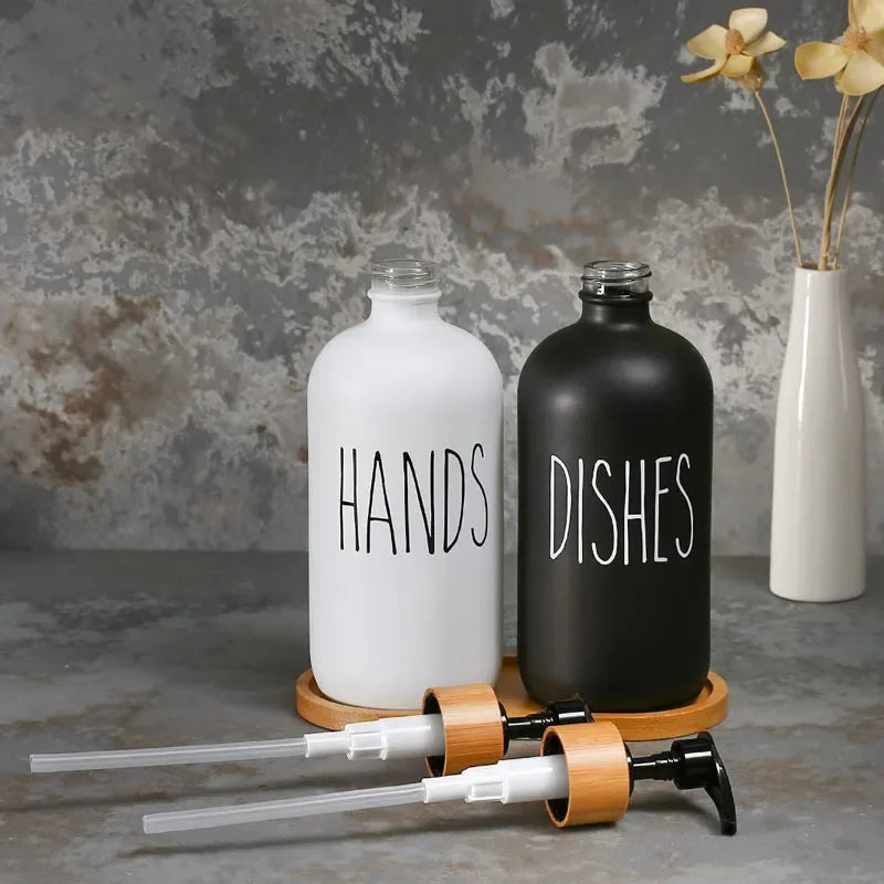 2Pcs 500ml High Quality Glass Soap Dispenser Pump Bottle Refillable Empty Hand Soap Lotion Subpackage Bottle with Wooden Cushion Peaceful Pleasures Health and Wellness