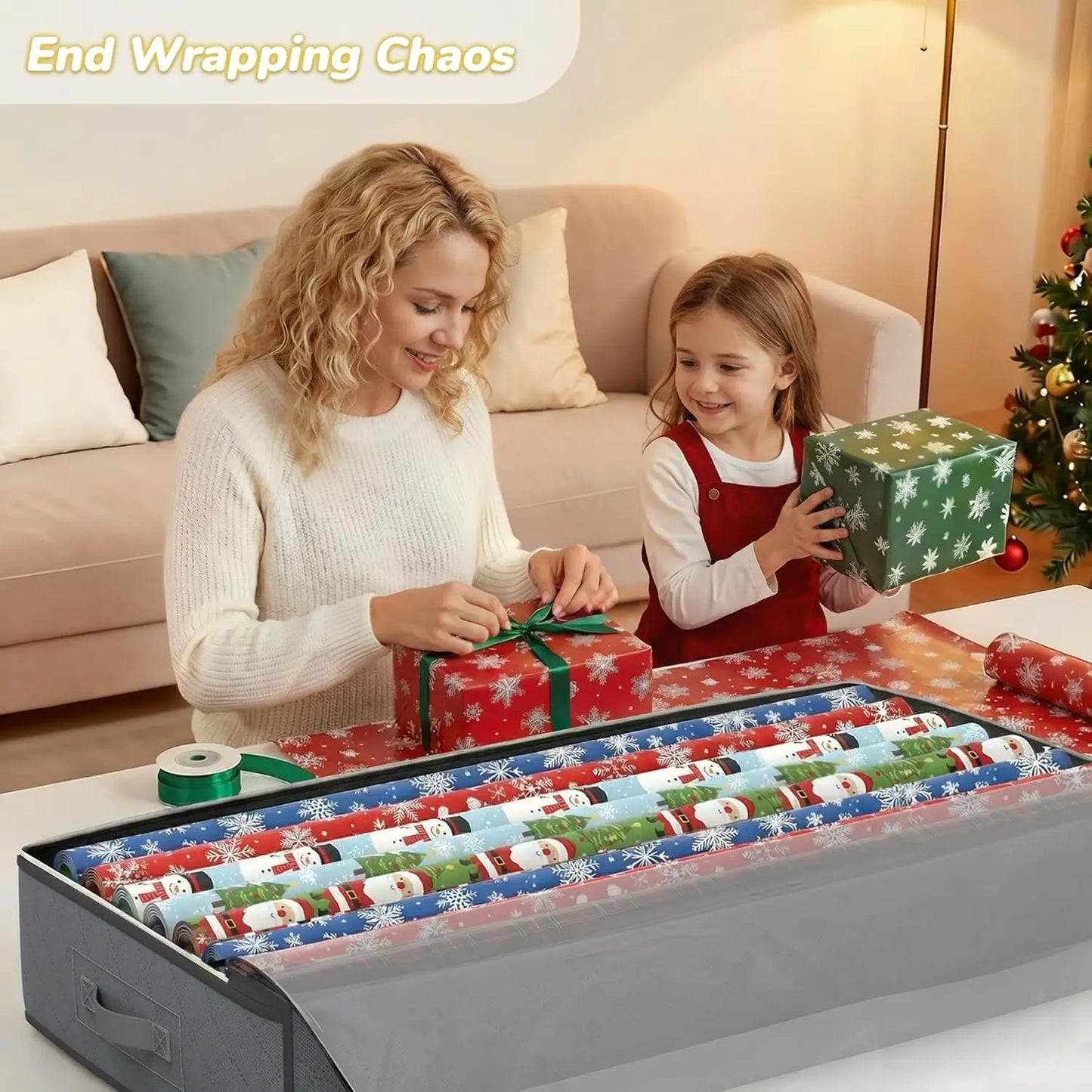 Woman and child wrapping gifts with a large roll of wrapping paper in a storage box.