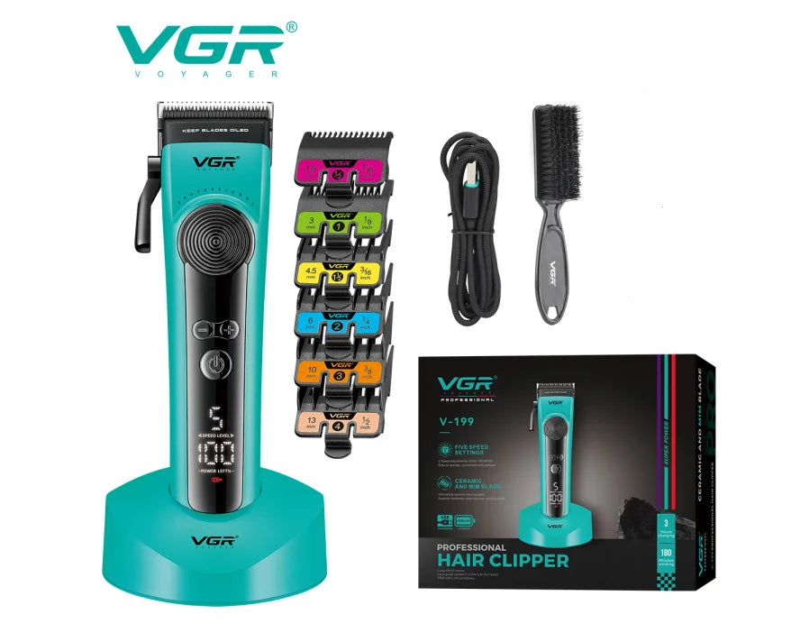 VGR new electric hair clipper men's high-end hair clipper 8000 RPM multi gear adjustable hair trimmer with base push shear V-199 Peaceful Pleasures Health and Wellness USB 1