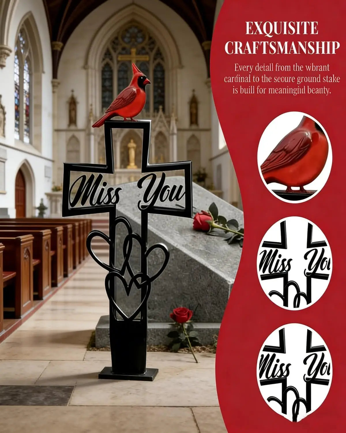 Metal Memorial Garden Stake | Cross Heart Grave Marker 16x8 In