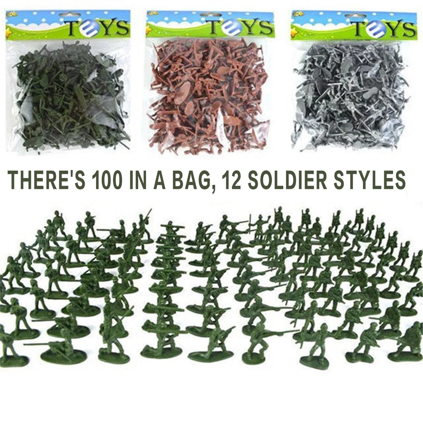 Military Battle Group Bucket 3 Colors Optional Toy Army Soldiers in 12 Designs for Kids Boys and Girls Peaceful Pleasures Health and Wellness
