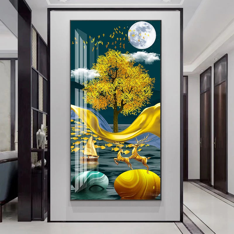 Abstract Luxury Flowers Canvas Painting, Golden Rich Tree, Wall Art Posters Money Tree Prints, Living Room, Porch, Home Decor Peaceful Pleasures Health and Wellness