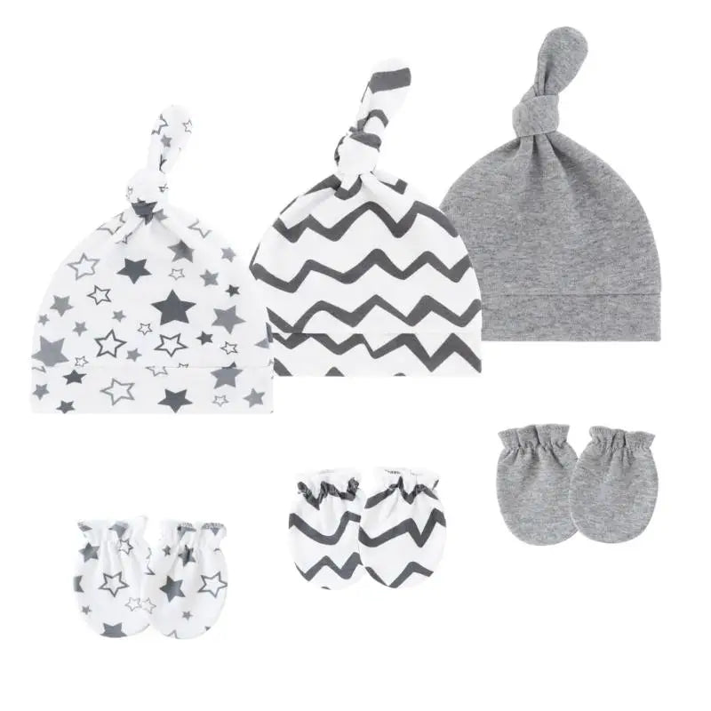 3-Set Cotton Newborn Baby Hats & Scratch-Proof Mittens | 0–3M