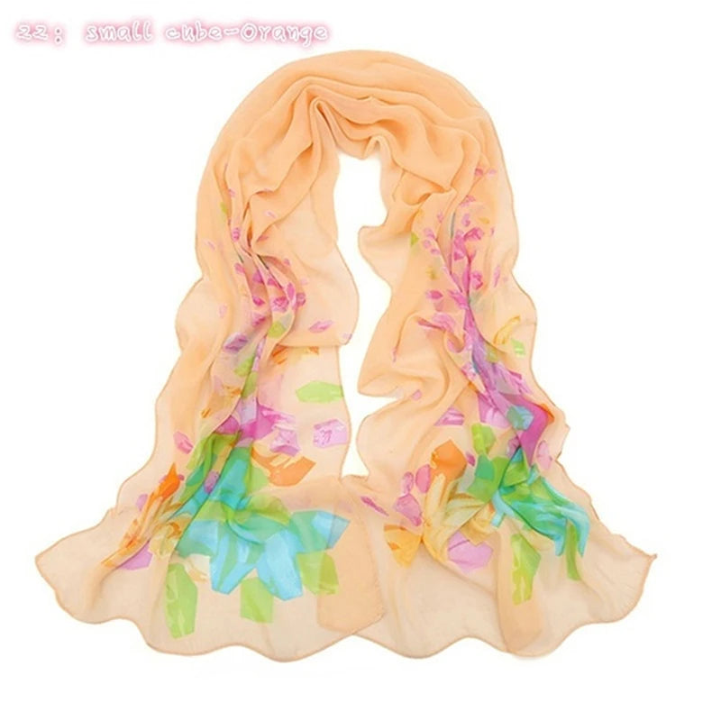 Women Chiffon Scarf Fashion Leisure Butterflies Branch Pattern Long Shawl Versatile Elegant Minimalist Retro Female Scarves Peaceful Pleasures Health and Wellness Square Light Orange One Size