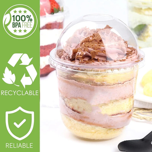 12 oz Plastic Dessert Cups with Dome Lids (No Hole) and Sporks, Clear Disposable Yogurt Parfait Cups with Lids, Individual Party Peaceful Pleasures Health and Wellness 100Sets