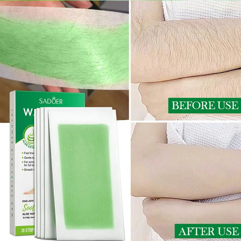 20PCS Gentle Aloe Vera Fast Hair Removal Wax Strips Waxing Wipe Sticker Professional Facial Body Leg Lip Hairs Remove Wax Paper Peaceful Pleasures Health and Wellness