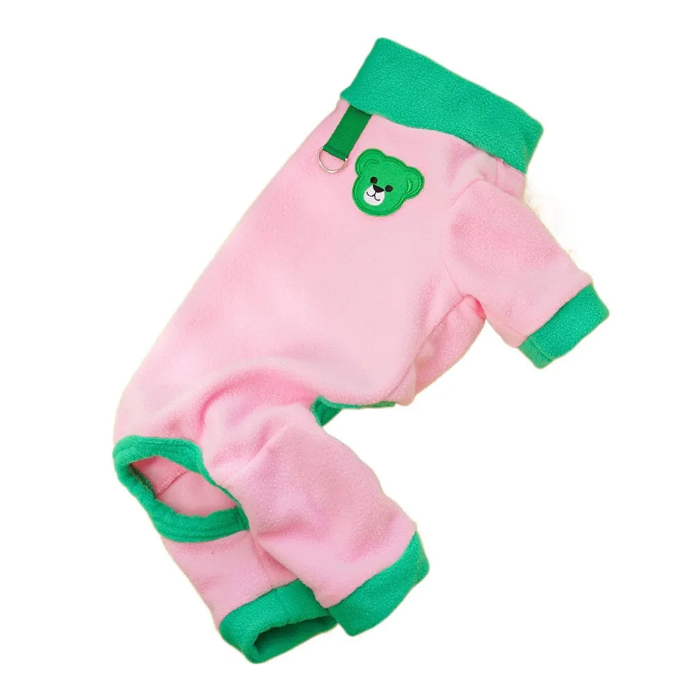 Bear Pattern Plush Dog Jumpsuit | Warm 4-Leg Pet Pajamas