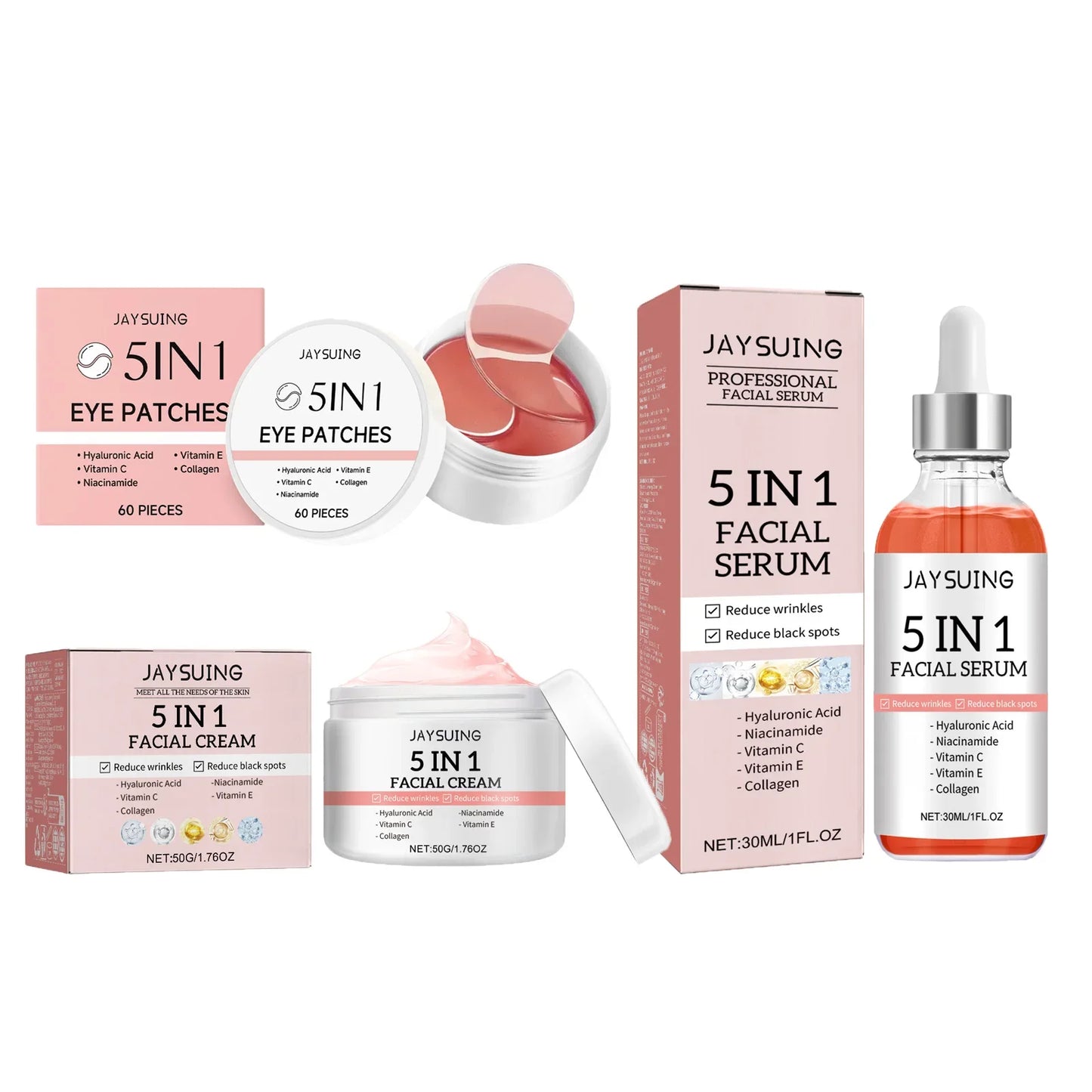 Jaysuing 5-in-1 Skincare Set – Anti-Aging Serum, Cream & Patches