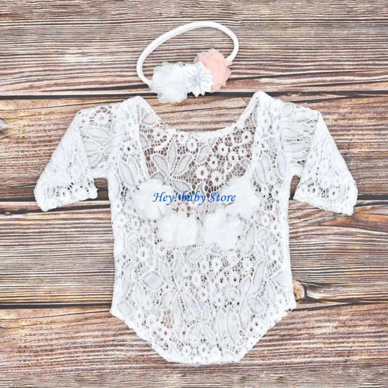 Baby Girl Lace Romper & Flower Pearl Headband Photography Set