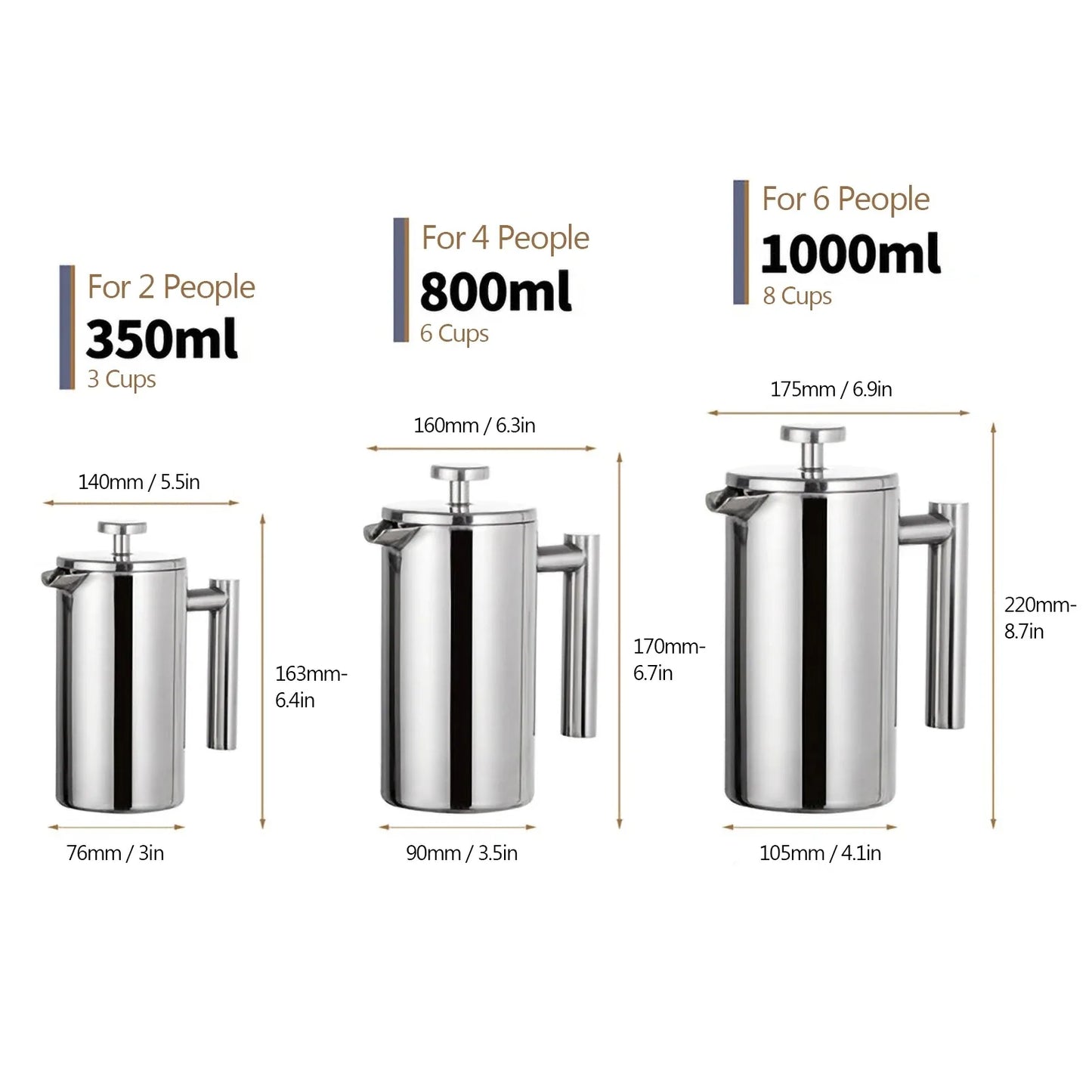 350ml/800ml/1000ml Coffee Maker Pot French Press Coffee Maker Stainless Steel Double Walled Insulated Coffee Maker Pot Peaceful Pleasures Health and Wellness