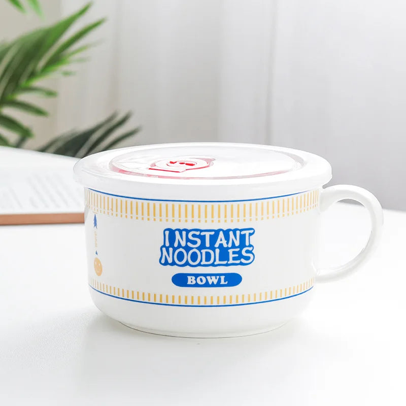 Hot Sale Ceramic Instant Noodle Bowl With Handle Large Capacity instant noodles bowl Cute Design instant noodles Bowl With Lid Peaceful Pleasures Health and Wellness blue 5.25 inches