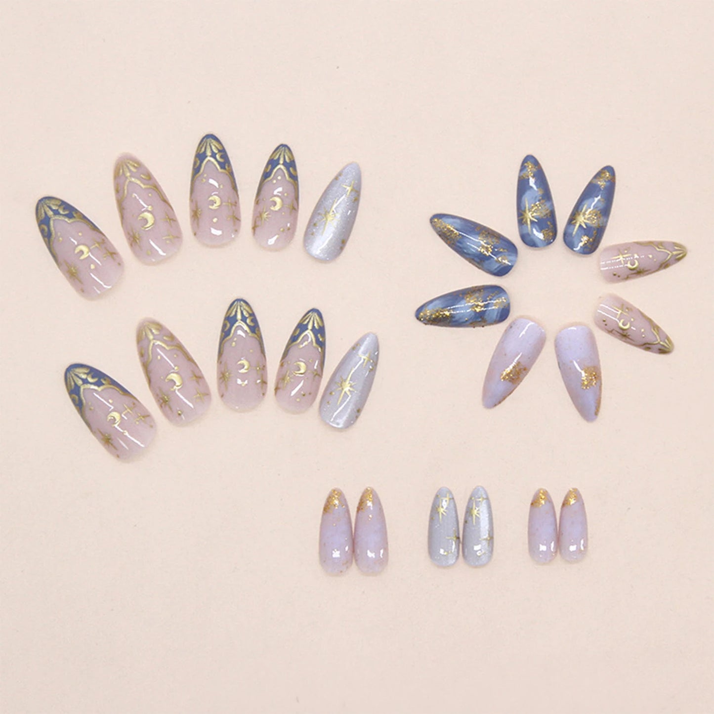 24pc French Almond Press On Nails | 3D Star Moon Cat Eye Design