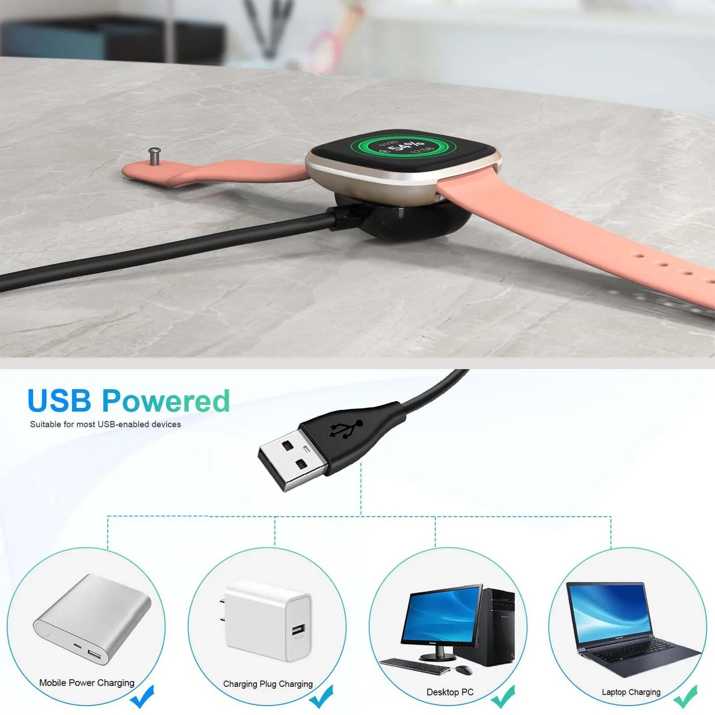 Fitbit Versa 4/3 & Sense 2/1 Magnetic USB Charging Cable Dock Smartwatch Charger Oasis Select