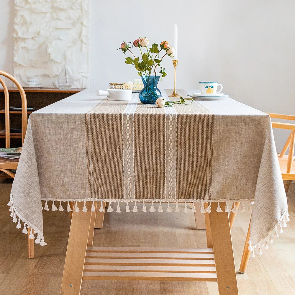 Battilo Linen Cotton Tablecloth | Striped Tassel Table Cover