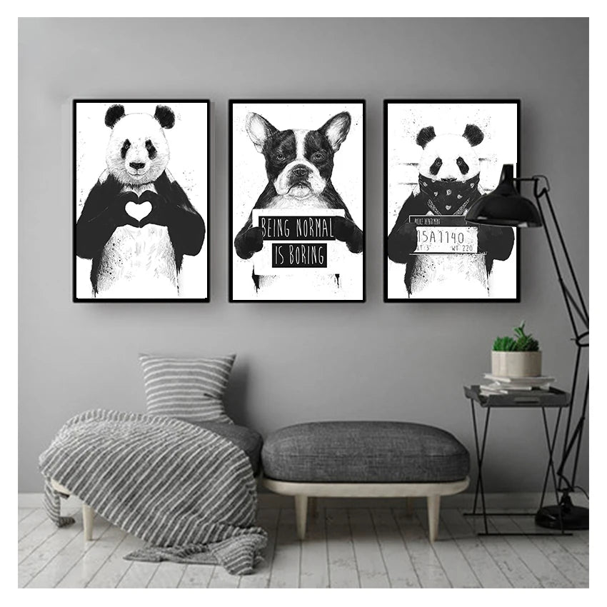 Nordic Cartoon Panda & Boston Terrier Canvas Wall Art Poster