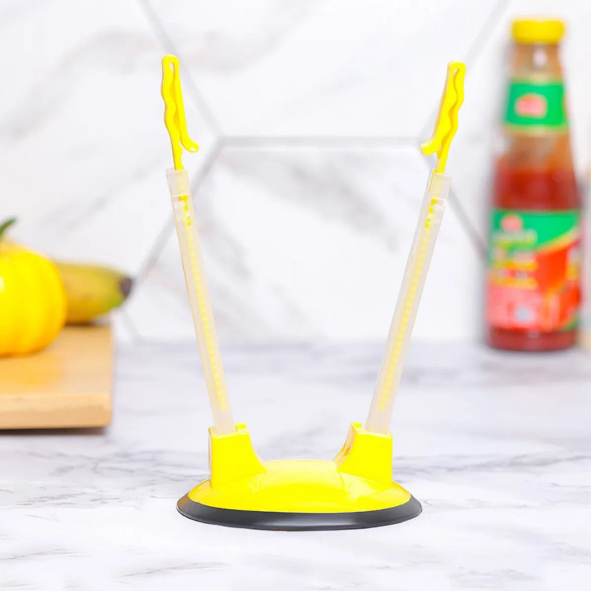 Household food storage bag holder, packaging bag opener, support stand Peaceful Pleasures Health and Wellness yellow