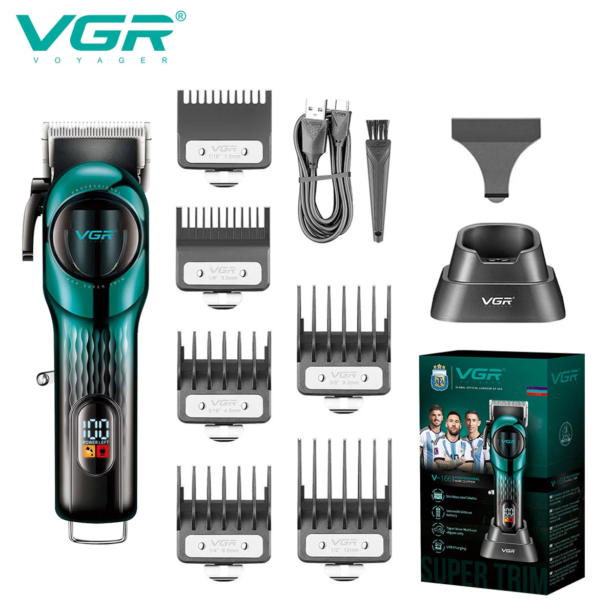 VGR 166 professional intelligent digital rechargeable hair clipper with gradient ribbon base adjustable electric push shear Peaceful Pleasures Health and Wellness 166 green usb