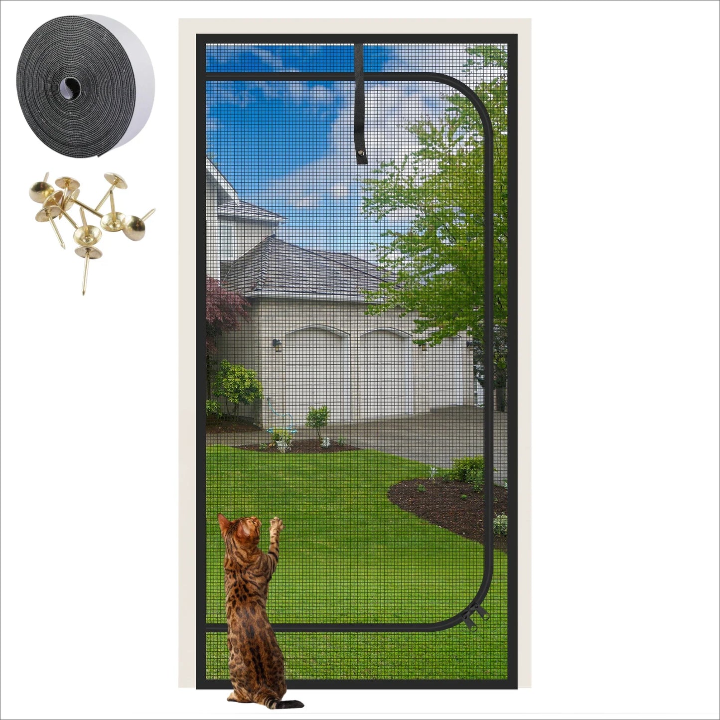 Heavy Duty Pet Screen Door 32x82" Scratch-Proof Mesh & Zipper
