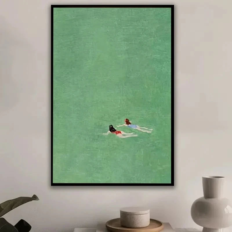 Serene Swimming Figures Green Waters Canvas Wall Art Print