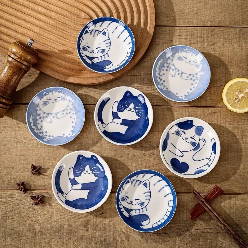 Japanese Style Cat Dish Cartoon Ceramic Dish Household Dining Table Dipping Dish Soy Sauce Dish Small Dish Seasoning Dish Peaceful Pleasures Health and Wellness