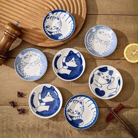 Japanese Style Cat Dish Cartoon Ceramic Dish Household Dining Table Dipping Dish Soy Sauce Dish Small Dish Seasoning Dish Peaceful Pleasures Health and Wellness