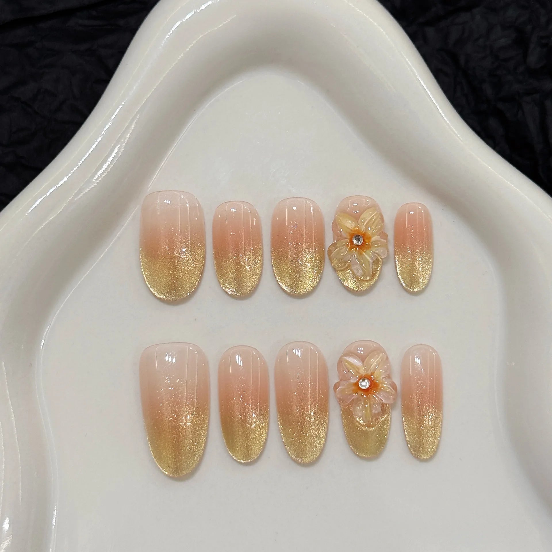 10pcs Handmade Press on Nails Gradient Gold Cat Eye Round Head Fake Nails with Yellow Flower Wearable Reusable False Nail Tips Peaceful Pleasures Health and Wellness