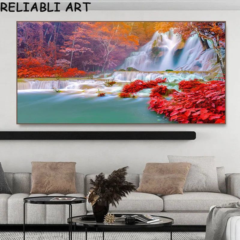 Autumn Tree Mountain Waterfall Landscape Canvas Painting Wall Art Pictures Poster and Prints for Living Room Home Decor No Frame Peaceful Pleasures Health and Wellness x autumn 8283 40x80cm