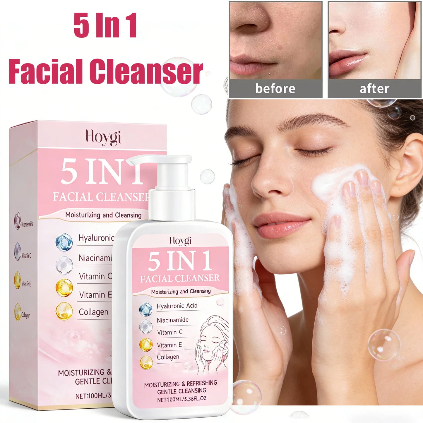5-in-1 Hydrating Facial Cleanser – Foam, Brightening & Makeup